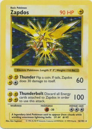 ZAPDOS SHADOWLESS 16/102 サンダー 英語版 Zapdos (16/102) [Base Set Shadowless Unlimited]